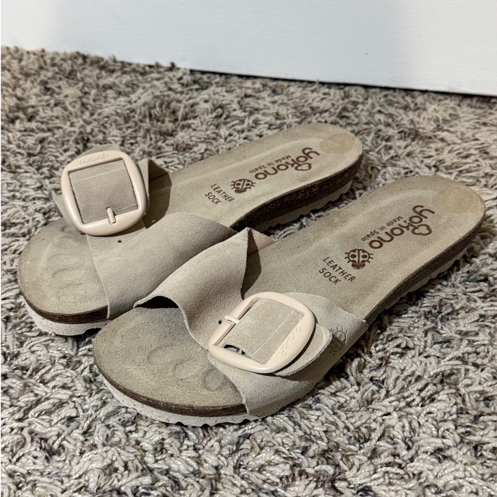 Yokono Spain Womens Beige Suede Buckle Slide Sandals Leather Sock Size 8